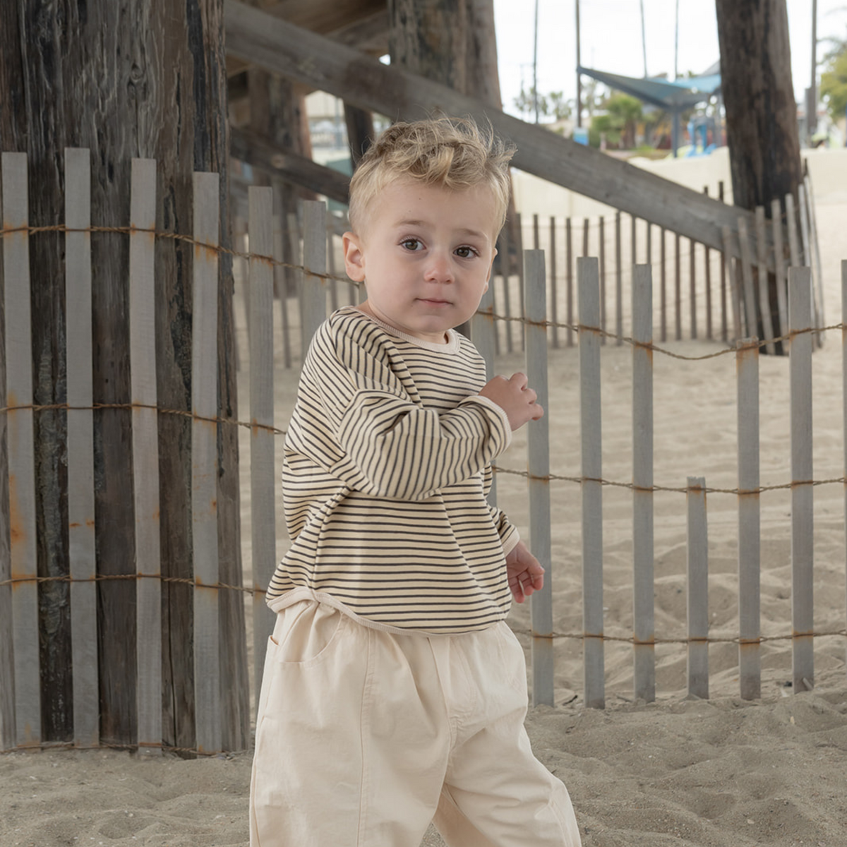 Coastal Crewneck Pullover – Cream with Brown Stripe