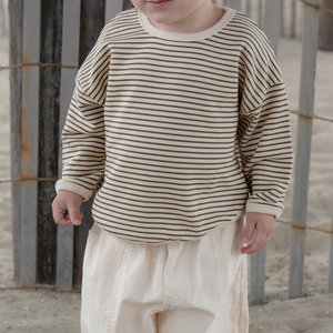 Coastal Crewneck Pullover – Cream with Brown Stripe