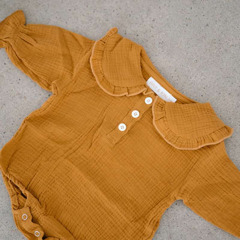 Ruffle Collar Long-Sleeve Onesie - Mustard