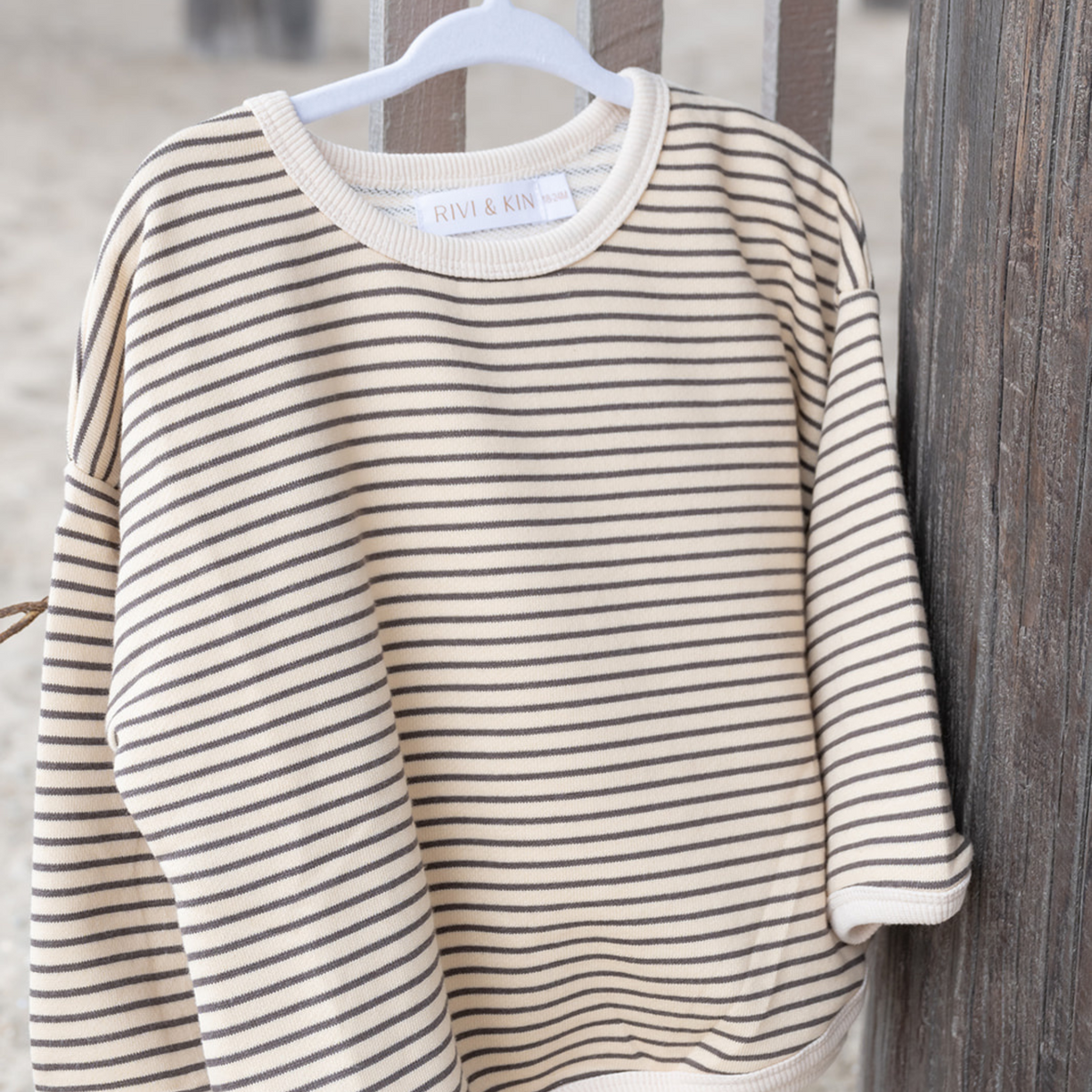 Coastal Crewneck Pullover – Cream with Brown Stripe